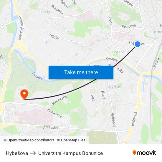 Hybešova to Univerzitní Kampus Bohunice map