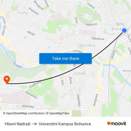 Hlavní Nádraží to Univerzitní Kampus Bohunice map