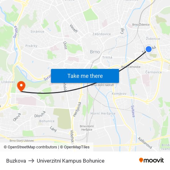 Buzkova to Univerzitní Kampus Bohunice map