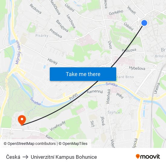 Česká to Univerzitní Kampus Bohunice map