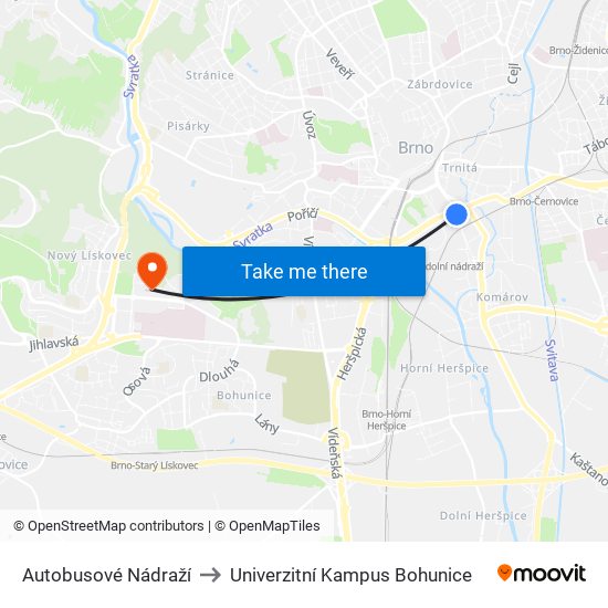 Autobusové Nádraží to Univerzitní Kampus Bohunice map