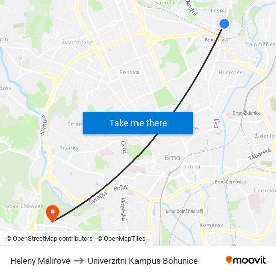 Heleny Malířové to Univerzitní Kampus Bohunice map