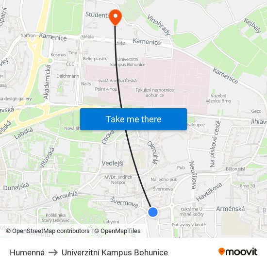 Humenná to Univerzitní Kampus Bohunice map