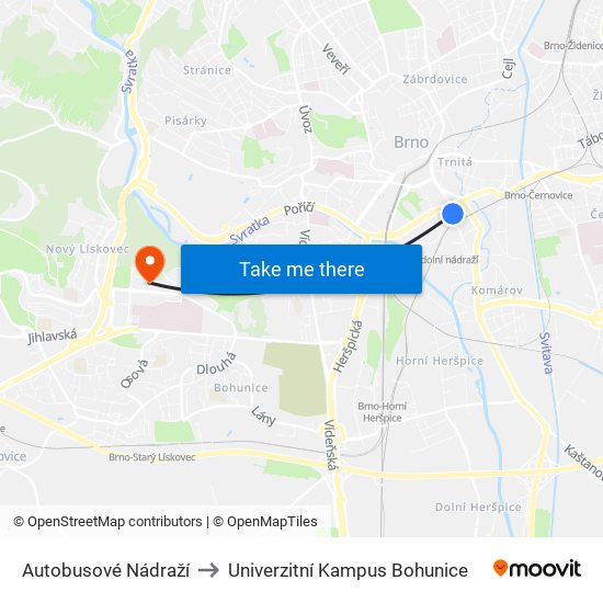 Autobusové Nádraží to Univerzitní Kampus Bohunice map