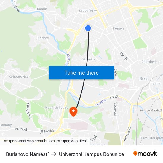 Burianovo Náměstí to Univerzitní Kampus Bohunice map