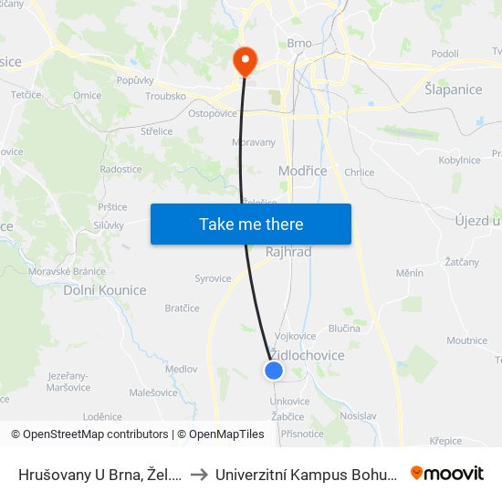 Hrušovany U Brna, Žel. St. to Univerzitní Kampus Bohunice map