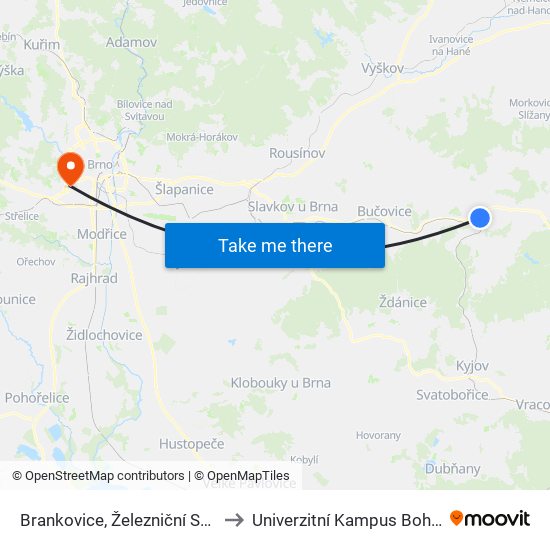 Brankovice, Železniční Stanice to Univerzitní Kampus Bohunice map