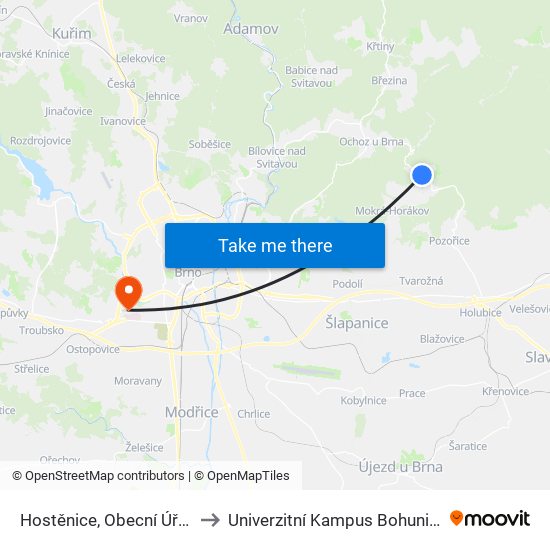 Hostěnice, Obecní Úřad to Univerzitní Kampus Bohunice map