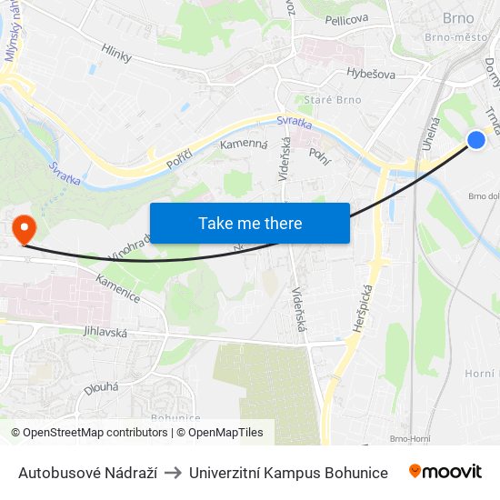 Autobusové Nádraží to Univerzitní Kampus Bohunice map