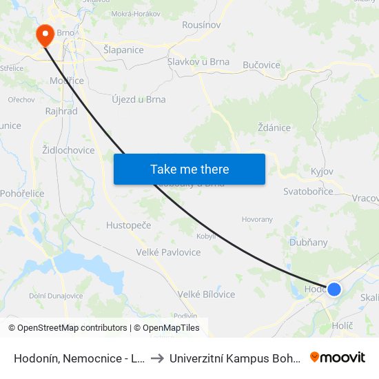 Hodonín, Nemocnice - Lázně to Univerzitní Kampus Bohunice map