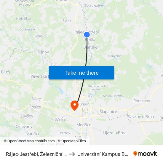 Rájec-Jestřebí, Železniční Stanice to Univerzitní Kampus Bohunice map