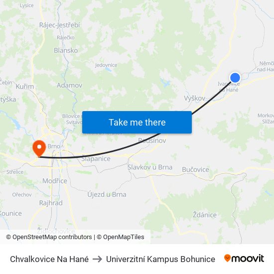 Chvalkovice Na Hané to Univerzitní Kampus Bohunice map