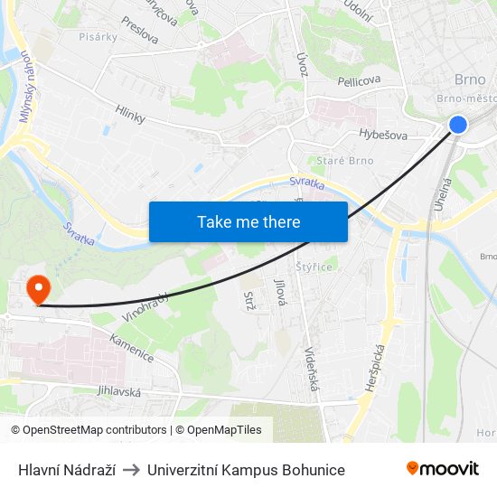 Hlavní Nádraží to Univerzitní Kampus Bohunice map