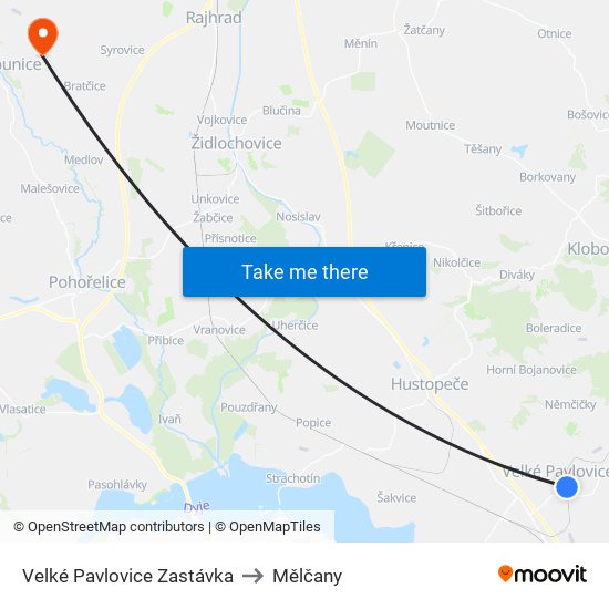 Velké Pavlovice Zastávka to Mělčany map