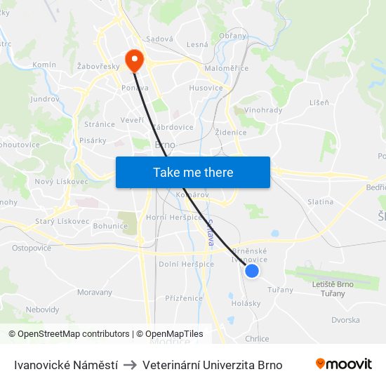 Ivanovické Náměstí to Veterinární Univerzita Brno map