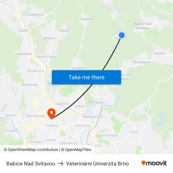 Babice Nad Svitavou to Veterinární Univerzita Brno map