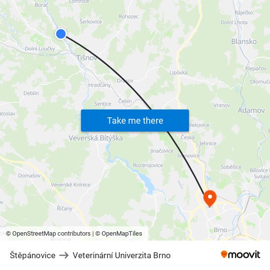 Štěpánovice to Veterinární Univerzita Brno map