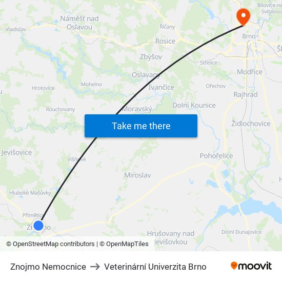 Znojmo Nemocnice to Veterinární Univerzita Brno map