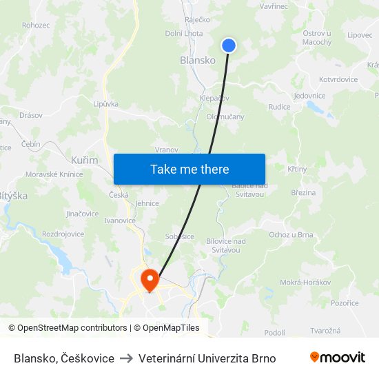 Blansko, Češkovice to Veterinární Univerzita Brno map