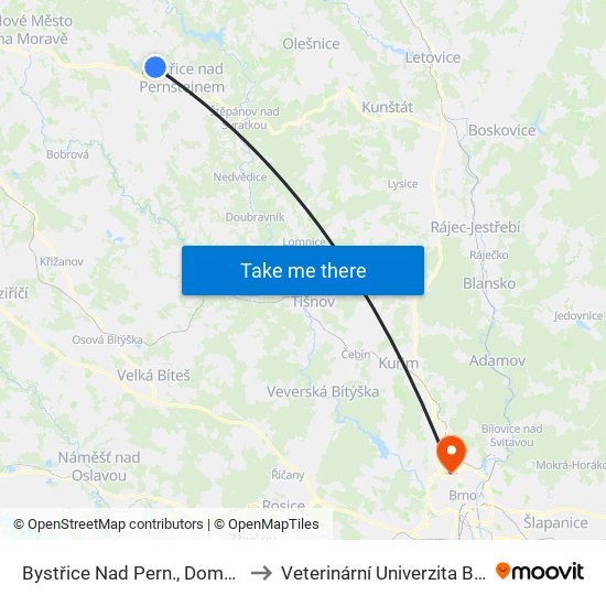 Bystřice Nad Pern., Domanín to Veterinární Univerzita Brno map