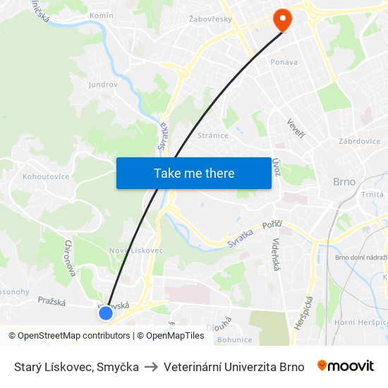 Starý Lískovec, Smyčka to Veterinární Univerzita Brno map