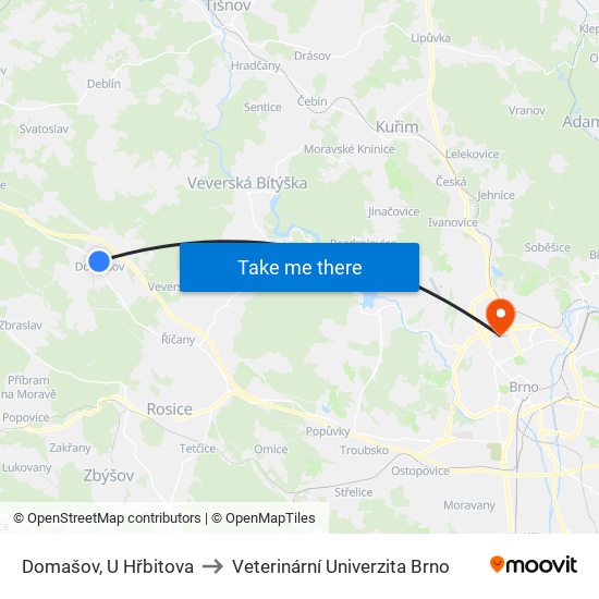 Domašov, U Hřbitova to Veterinární Univerzita Brno map