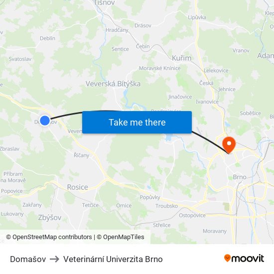 Domašov to Veterinární Univerzita Brno map