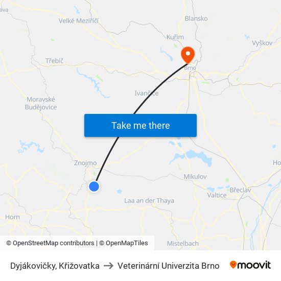 Dyjákovičky, Křižovatka to Veterinární Univerzita Brno map