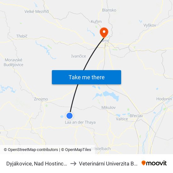 Dyjákovice, Nad Hostincem to Veterinární Univerzita Brno map