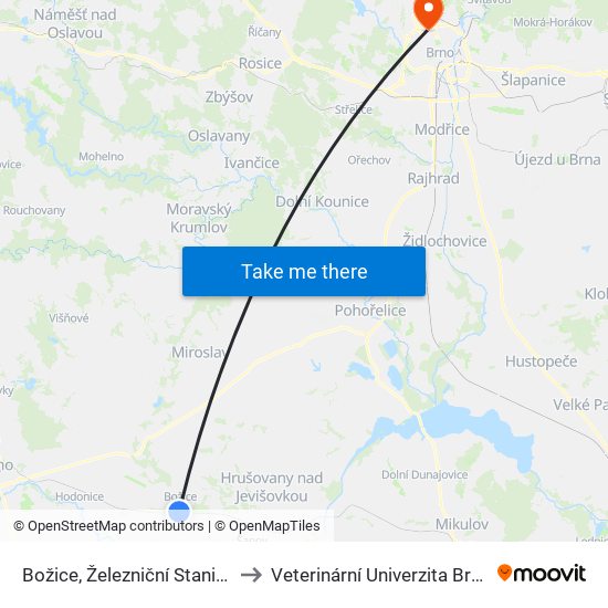 Božice, Železniční Stanice to Veterinární Univerzita Brno map