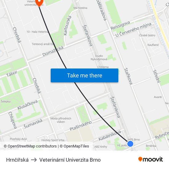 Hrnčířská to Veterinární Univerzita Brno map