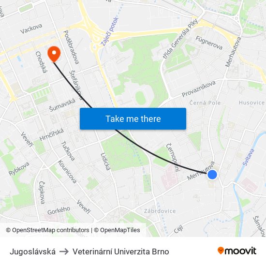 Jugoslávská to Veterinární Univerzita Brno map