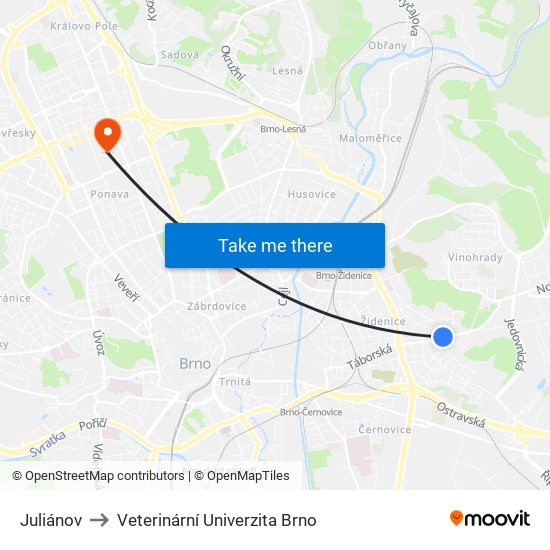 Juliánov to Veterinární Univerzita Brno map