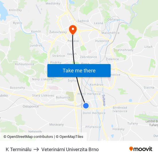 K Terminálu to Veterinární Univerzita Brno map