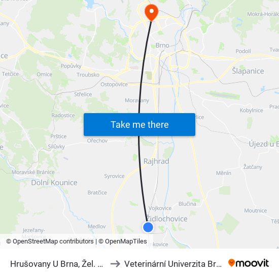 Hrušovany U Brna, Žel. St. to Veterinární Univerzita Brno map