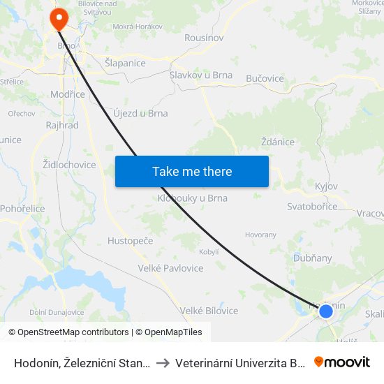 Hodonín, Železniční Stanice to Veterinární Univerzita Brno map