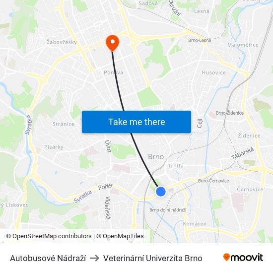 Autobusové Nádraží to Veterinární Univerzita Brno map