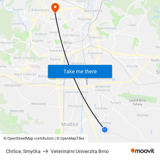 Chrlice, Smyčka to Veterinární Univerzita Brno map