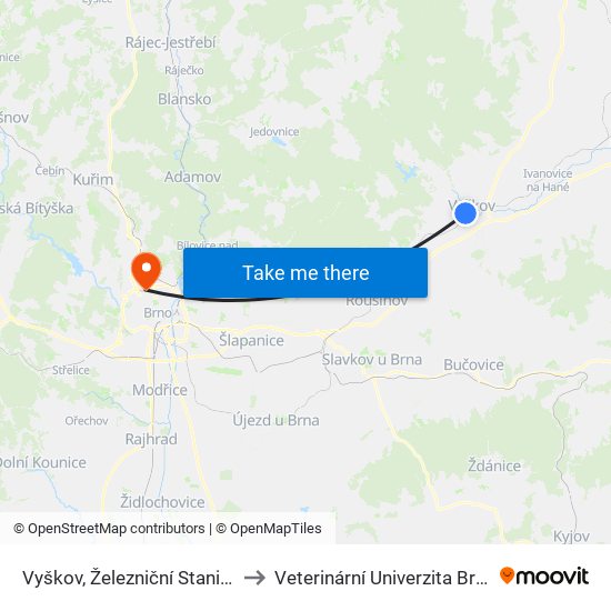 Vyškov, Železniční Stanice to Veterinární Univerzita Brno map