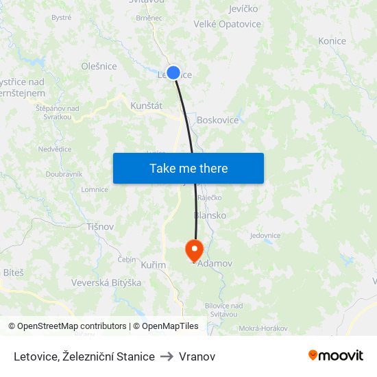 Letovice, Železniční Stanice to Vranov map