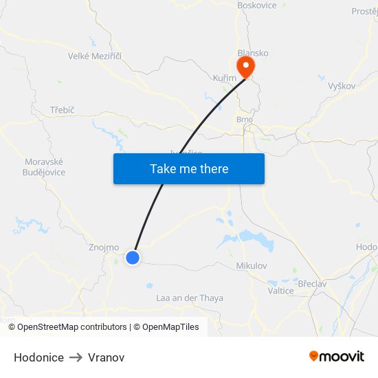 Hodonice to Vranov map