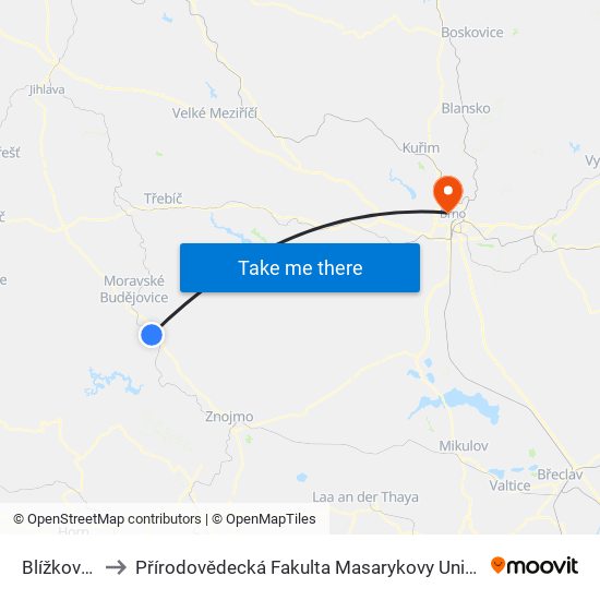 Blížkovice to Přírodovědecká Fakulta Masarykovy Univerzity map