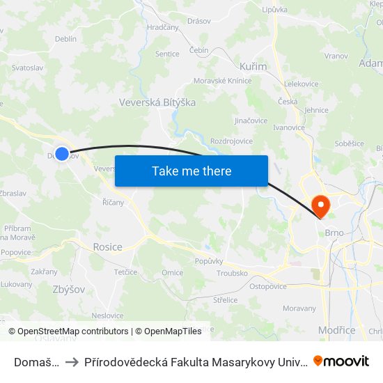 Domašov to Přírodovědecká Fakulta Masarykovy Univerzity map