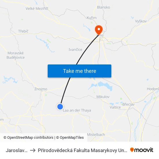 Jaroslavice to Přírodovědecká Fakulta Masarykovy Univerzity map