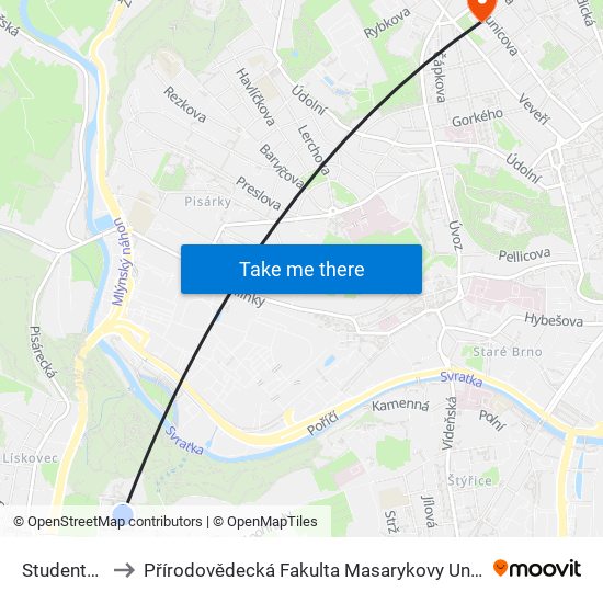 Studentská to Přírodovědecká Fakulta Masarykovy Univerzity map