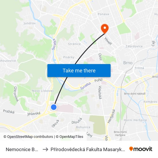 Nemocnice Bohunice to Přírodovědecká Fakulta Masarykovy Univerzity map