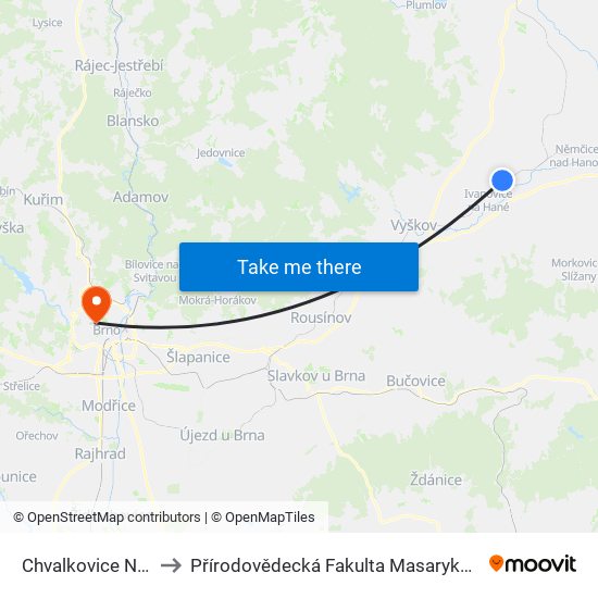 Chvalkovice Na Hané to Přírodovědecká Fakulta Masarykovy Univerzity map