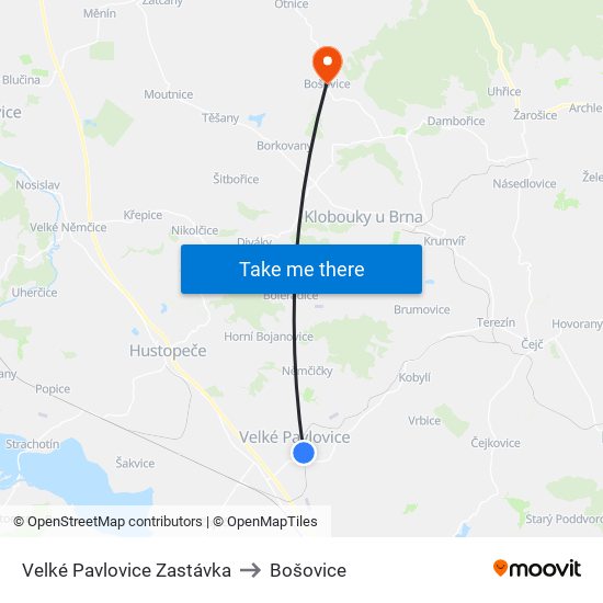 Velké Pavlovice Zastávka to Bošovice map