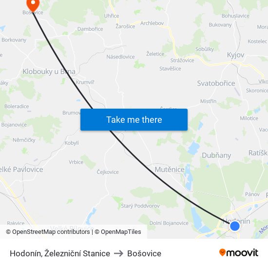 Hodonín, Železniční Stanice to Bošovice map