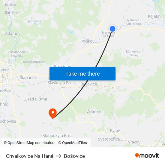 Chvalkovice Na Hané to Bošovice map